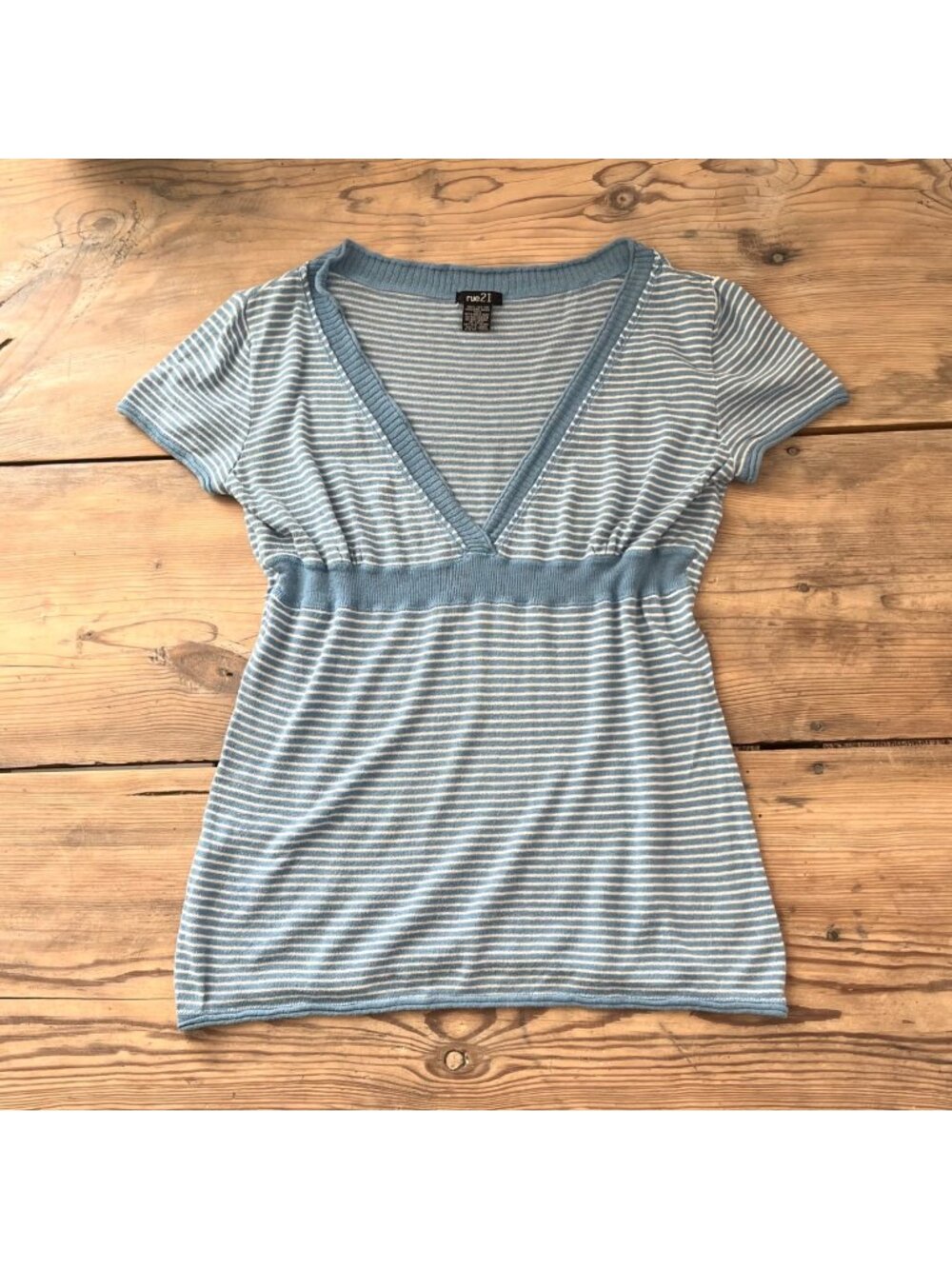 Rue 21 Vtg Y2K Babydoll Knit Blouse Womens XL Blue Striped V-Neck Fitted